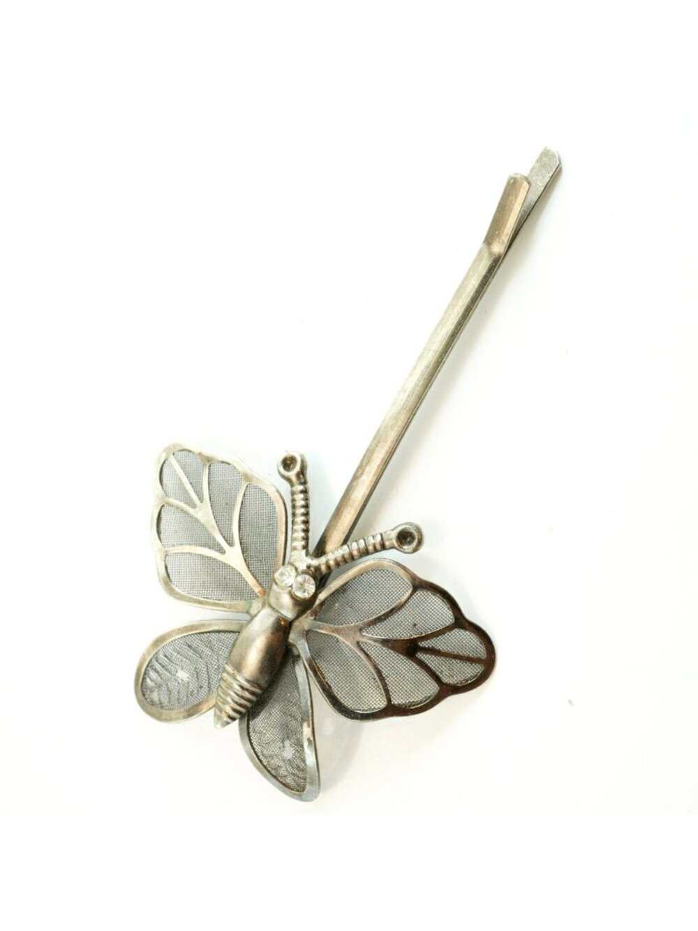 Vintage Silver Tone Butterfly Hair Pin Filigree Mesh Wing Hair Accessory